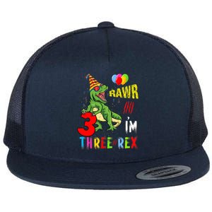 Three Rex Birthday Party Outfit Dinosaur 3 Year Old Boy Girl Flat Bill Trucker Hat