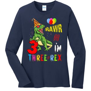 Three Rex Birthday Party Outfit Dinosaur 3 Year Old Boy Girl Ladies Long Sleeve Shirt