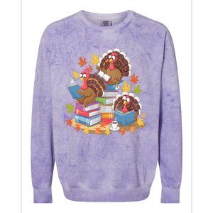 Turkey Reading Books Fall Season Thanksgiving Teacher Book Colorblast Crewneck Sweatshirt