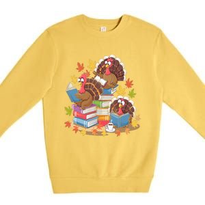 Turkey Reading Books Fall Season Thanksgiving Teacher Book Premium Crewneck Sweatshirt