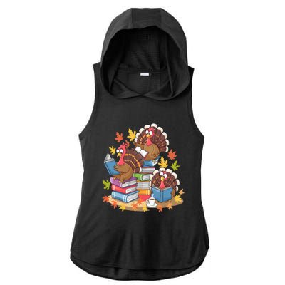 Turkey Reading Books Fall Season Thanksgiving Teacher Book Ladies PosiCharge Tri-Blend Wicking Draft Hoodie Tank