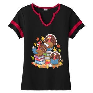 Turkey Reading Books Fall Season Thanksgiving Teacher Book Ladies Halftime Notch Neck Tee