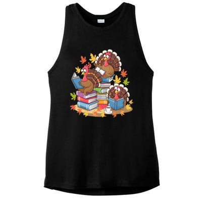 Turkey Reading Books Fall Season Thanksgiving Teacher Book Ladies PosiCharge Tri-Blend Wicking Tank