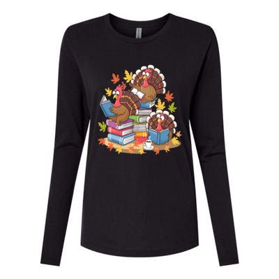 Turkey Reading Books Fall Season Thanksgiving Teacher Book Womens Cotton Relaxed Long Sleeve T-Shirt