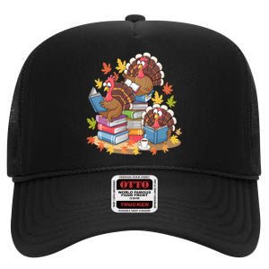 Turkey Reading Books Fall Season Thanksgiving Teacher Book High Crown Mesh Back Trucker Hat