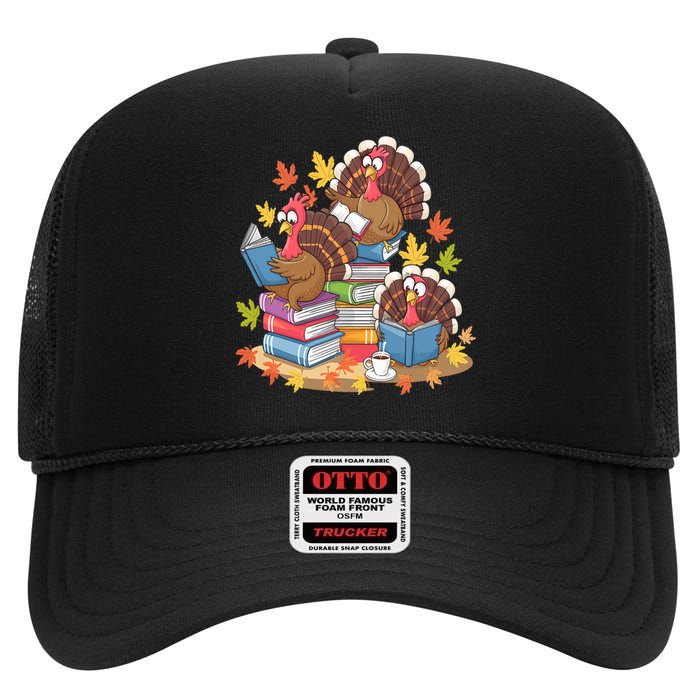 Turkey Reading Books Fall Season Thanksgiving Teacher Book High Crown Mesh Back Trucker Hat