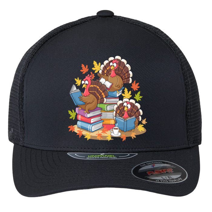 Turkey Reading Books Fall Season Thanksgiving Teacher Book Flexfit Unipanel Trucker Cap