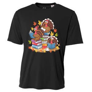 Turkey Reading Books Fall Season Thanksgiving Teacher Book Cooling Performance Crew T-Shirt