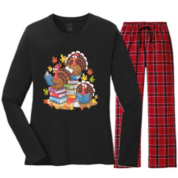 Turkey Reading Books Fall Season Thanksgiving Teacher Book Women's Long Sleeve Flannel Pajama Set 