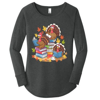 Turkey Reading Books Fall Season Thanksgiving Teacher Book Women's Perfect Tri Tunic Long Sleeve Shirt