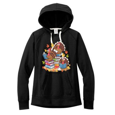 Turkey Reading Books Fall Season Thanksgiving Teacher Book Women's Fleece Hoodie