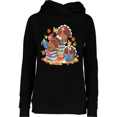 Turkey Reading Books Fall Season Thanksgiving Teacher Book Womens Funnel Neck Pullover Hood