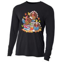 Turkey Reading Books Fall Season Thanksgiving Teacher Book Cooling Performance Long Sleeve Crew