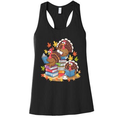 Turkey Reading Books Fall Season Thanksgiving Teacher Book Women's Racerback Tank