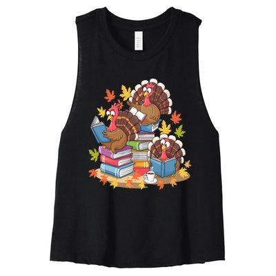 Turkey Reading Books Fall Season Thanksgiving Teacher Book Women's Racerback Cropped Tank