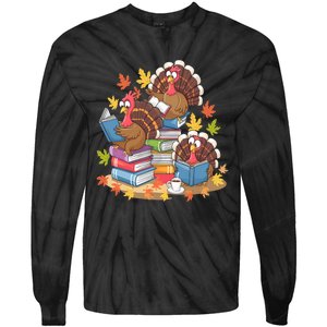 Turkey Reading Books Fall Season Thanksgiving Teacher Book Tie-Dye Long Sleeve Shirt