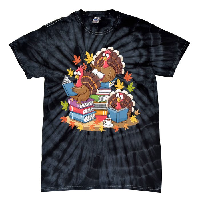 Turkey Reading Books Fall Season Thanksgiving Teacher Book Tie-Dye T-Shirt