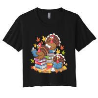 Turkey Reading Books Fall Season Thanksgiving Teacher Book Women's Crop Top Tee