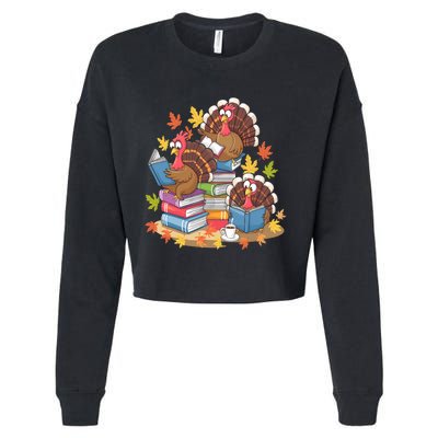 Turkey Reading Books Fall Season Thanksgiving Teacher Book Cropped Pullover Crew