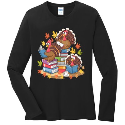 Turkey Reading Books Fall Season Thanksgiving Teacher Book Ladies Long Sleeve Shirt