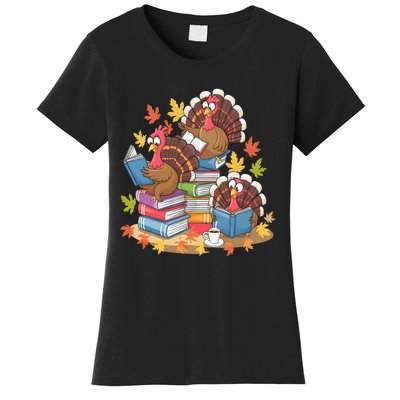 Turkey Reading Books Fall Season Thanksgiving Teacher Book Women's T-Shirt