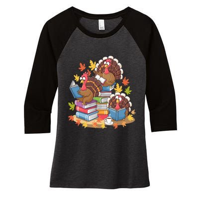 Turkey Reading Books Fall Season Thanksgiving Teacher Book Women's Tri-Blend 3/4-Sleeve Raglan Shirt