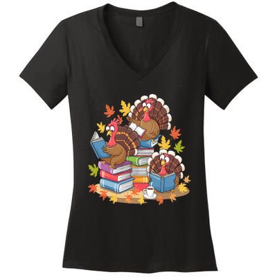 Turkey Reading Books Fall Season Thanksgiving Teacher Book Women's V-Neck T-Shirt