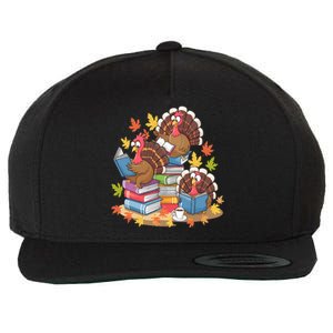 Turkey Reading Books Fall Season Thanksgiving Teacher Book Wool Snapback Cap