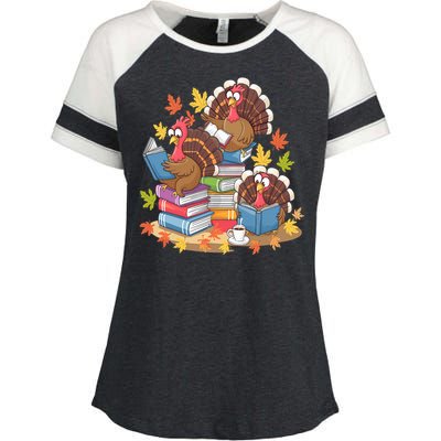 Turkey Reading Books Fall Season Thanksgiving Teacher Book Enza Ladies Jersey Colorblock Tee