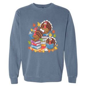 Turkey Reading Books Fall Season Thanksgiving Teacher Book Garment-Dyed Sweatshirt