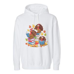 Turkey Reading Books Fall Season Thanksgiving Teacher Book Garment-Dyed Fleece Hoodie