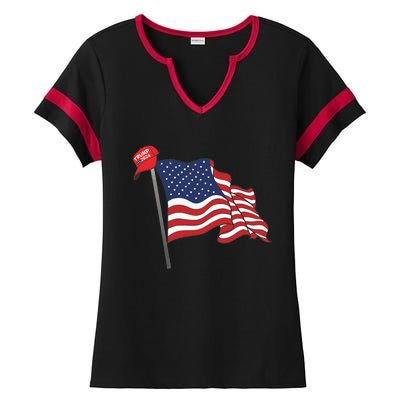 Trump Red Baseball Cap On An American Flag American Pride Ladies Halftime Notch Neck Tee