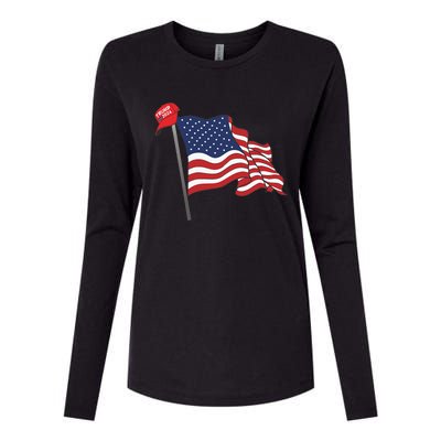 Trump Red Baseball Cap On An American Flag American Pride Womens Cotton Relaxed Long Sleeve T-Shirt