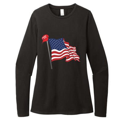 Trump Red Baseball Cap On An American Flag American Pride Womens CVC Long Sleeve Shirt