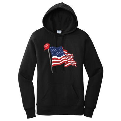 Trump Red Baseball Cap On An American Flag American Pride Women's Pullover Hoodie