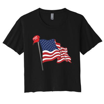 Trump Red Baseball Cap On An American Flag American Pride Women's Crop Top Tee