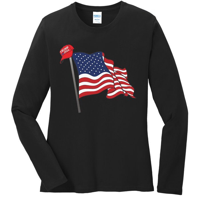 Trump Red Baseball Cap On An American Flag American Pride Ladies Long Sleeve Shirt