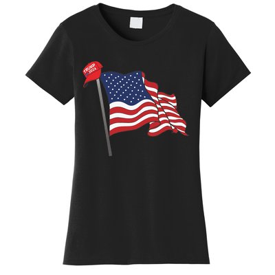 Trump Red Baseball Cap On An American Flag American Pride Women's T-Shirt