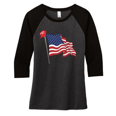 Trump Red Baseball Cap On An American Flag American Pride Women's Tri-Blend 3/4-Sleeve Raglan Shirt