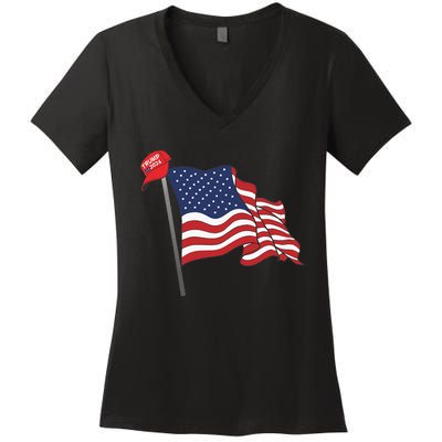 Trump Red Baseball Cap On An American Flag American Pride Women's V-Neck T-Shirt