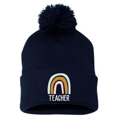 Teacher Rainbow Back To School Pom Pom 12in Knit Beanie