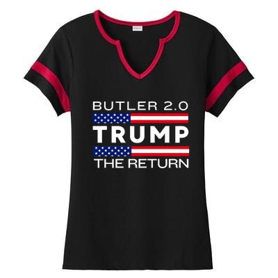 Trump Returns Butler Rally Fight Trump Elon Butler Rally 2.0 Ladies Halftime Notch Neck Tee