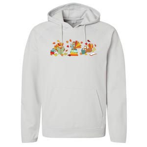 Turkey Reading Books Fall Thanksgiving Teacher Book Lovers Performance Fleece Hoodie