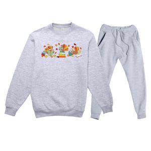 Turkey Reading Books Fall Thanksgiving Teacher Book Lovers Premium Crewneck Sweatsuit Set