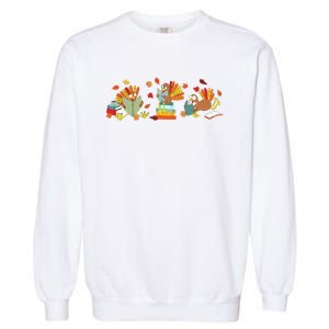 Turkey Reading Books Fall Thanksgiving Teacher Book Lovers Garment-Dyed Sweatshirt