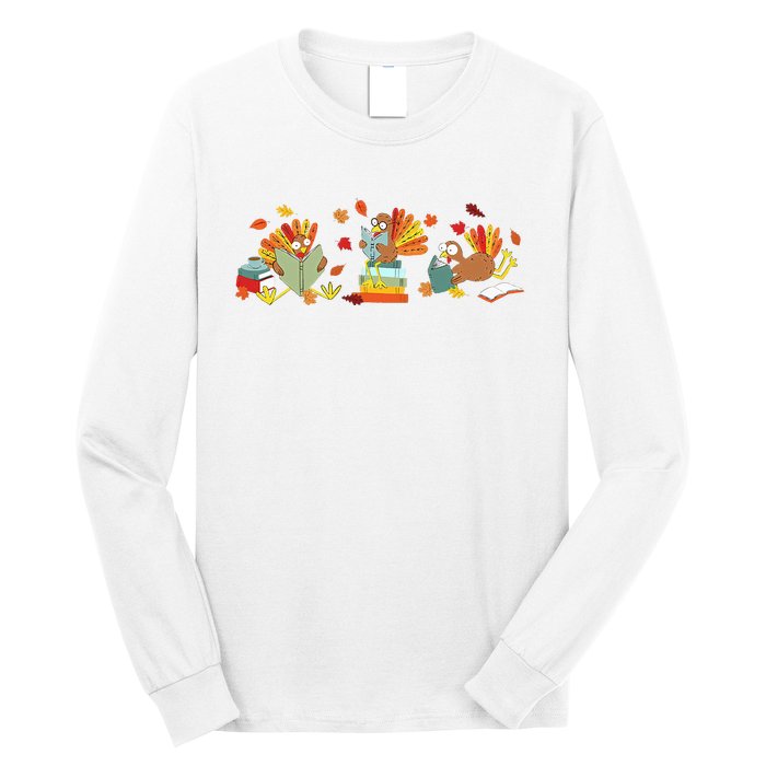 Turkey Reading Books Fall Thanksgiving Teacher Book Lovers Long Sleeve Shirt