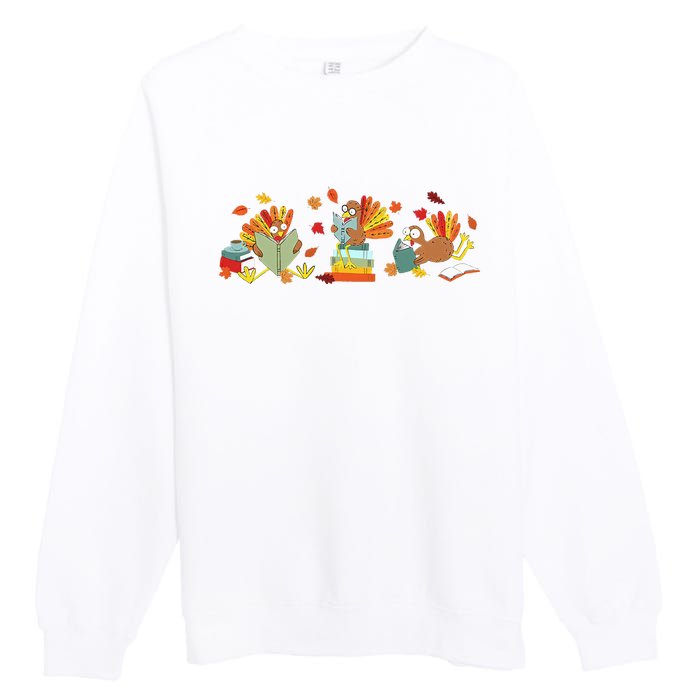 Turkey Reading Books Fall Thanksgiving Teacher Book Lovers Premium Crewneck Sweatshirt