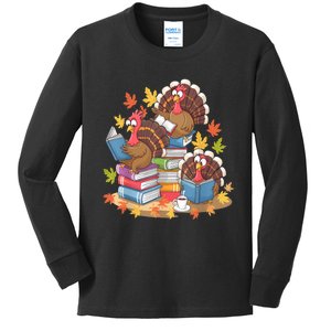 Turkey Reading Books Fall Season Thanksgiving Teacher Book Kids Long Sleeve Shirt