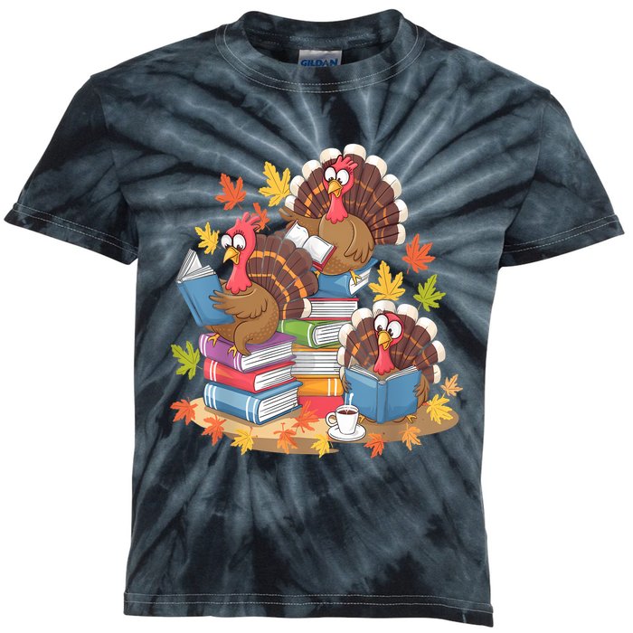 Turkey Reading Books Fall Season Thanksgiving Teacher Book Kids Tie-Dye T-Shirt