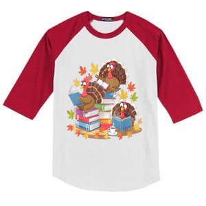 Turkey Reading Books Fall Season Thanksgiving Teacher Book Kids Colorblock Raglan Jersey